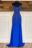 Royal Blue Beaded V-Neck Mermaid Long Prom Dresses