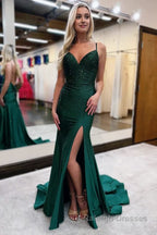 Royal Blue Beaded V Neck Mermaid Long Prom Dresses with Slit