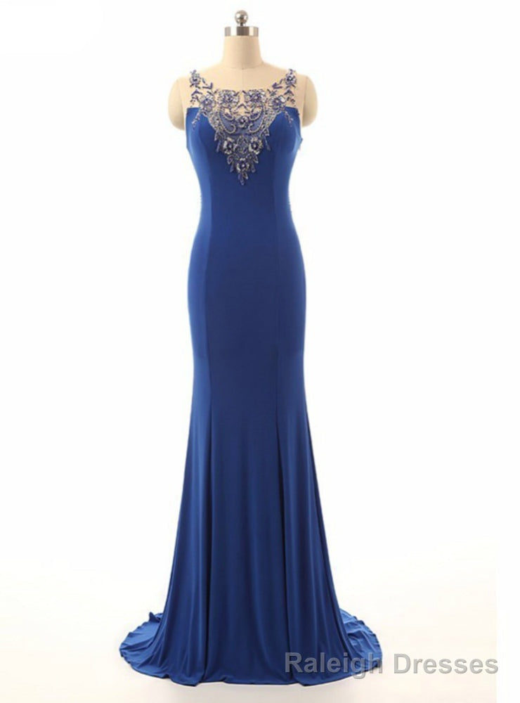 Royal Blue Beading Sheer Neck Mermaid Illusion Dress Main image
