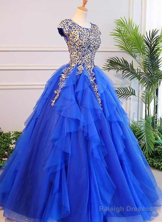 Royal Blue Cap Sleeves Long Ball Gown Party Dress, Blue Prom Dress Main image