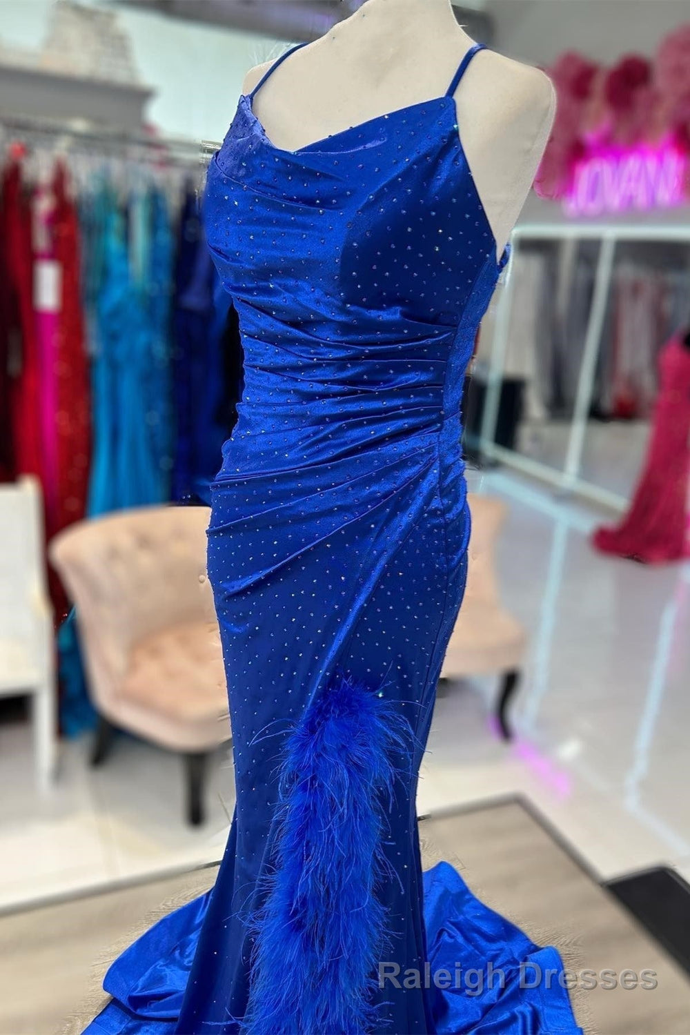 Royal Blue Cowl Neck Rhinestones Long Prom Dress with Feather-Trimmed