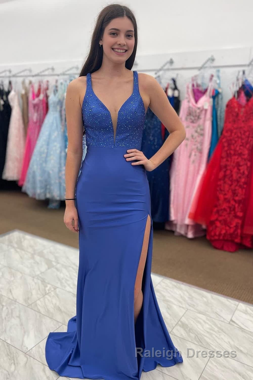 Royal Blue Deep V Neck Mermaid Prom Dress with Slit Main image