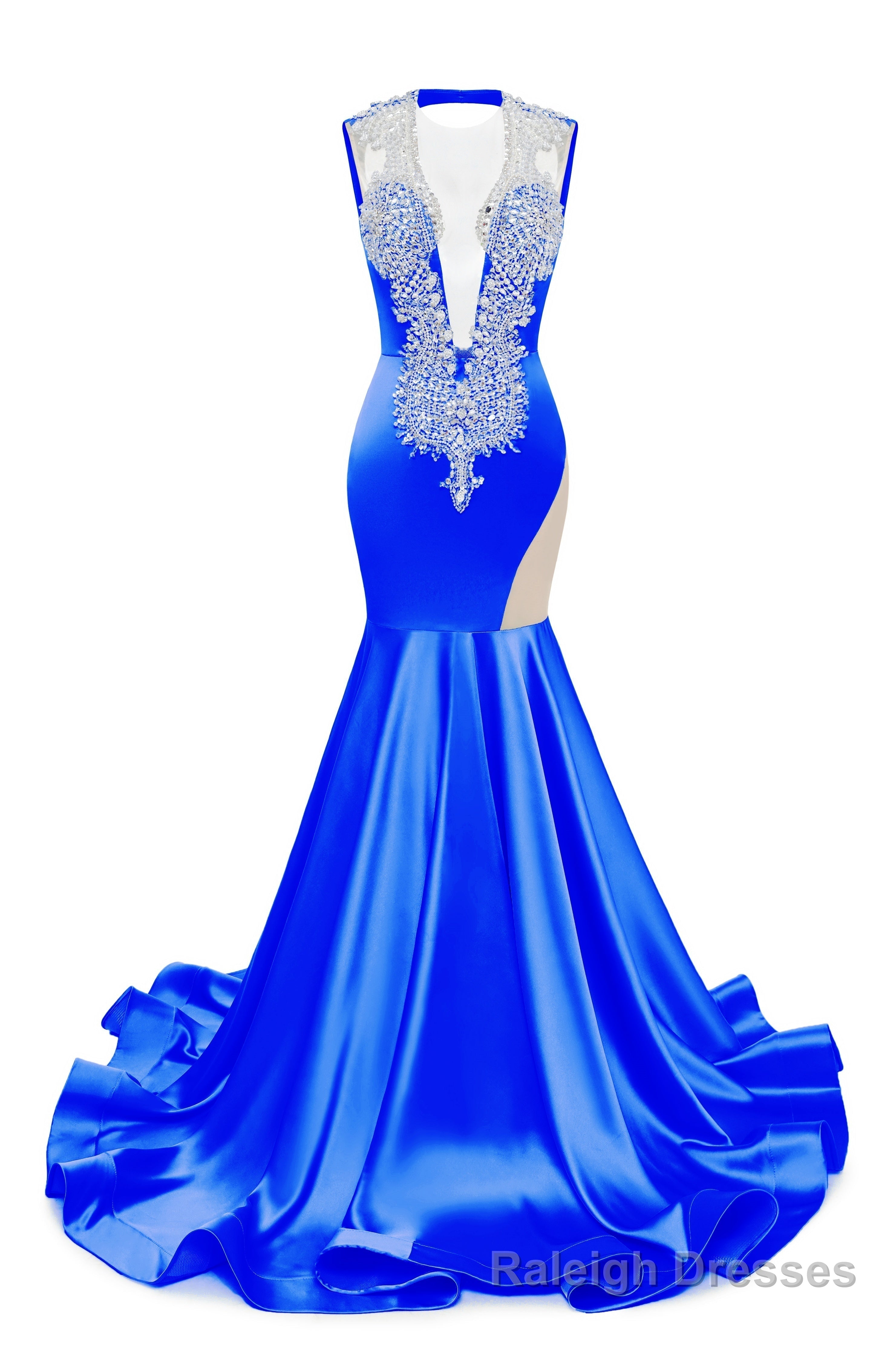 Royal Blue Deep V Neck Mermaid Satin Prom Dresses Sparkly Beaded Pageant Crystals Prom Formal Dresses Main image