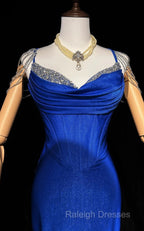 Royal Blue Elegant Mermaid Satin Spaghetti Strap Long Prom Dress Beaded Formal Evening Gown