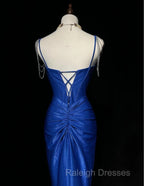 Royal Blue Elegant Mermaid Satin Spaghetti Strap Long Prom Dress Beaded Formal Evening Gown