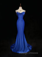 Royal Blue Elegant Mermaid Satin Spaghetti Strap Long Prom Dress Beaded Formal Evening Gown