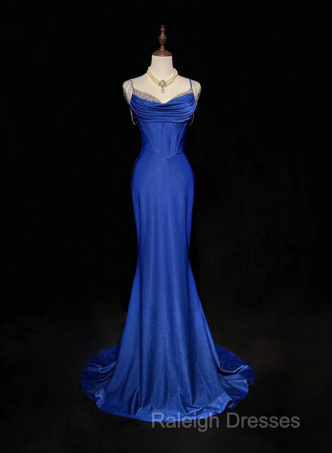 Royal Blue Elegant Mermaid Satin Spaghetti Strap Long Prom Dress Beaded Formal Evening Gown