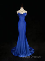 Royal Blue Elegant Mermaid Satin Spaghetti Strap Prom Dresses Long Beaded Prom Gown