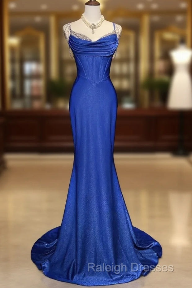 Royal Blue Elegant Mermaid Satin Spaghetti Strap Long Prom Dress Beaded Formal Evening Gown Main image