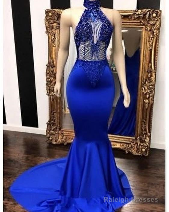 Royal Blue Halter Sleeveless Lace Beading Mermaid Long Prom Dresses