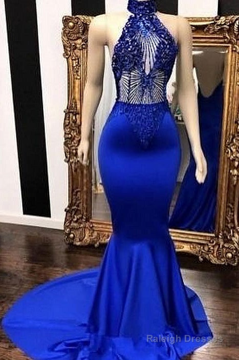 Royal Blue Halter Sleeveless Lace Beading Mermaid Long Prom Dresses Main image