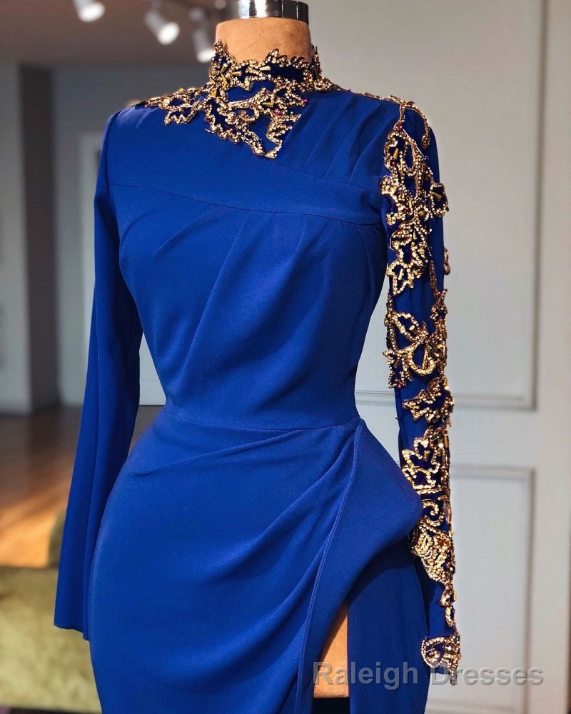 Royal Blue High Neck Side Slit Mermaid Prom Dresses Elegant Long Sleevess Appliques Prom Gown Secondary image