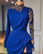 Royal Blue High Neck Side Slit Mermaid Prom Dresses Elegant Long Sleevess Appliques Prom Gown