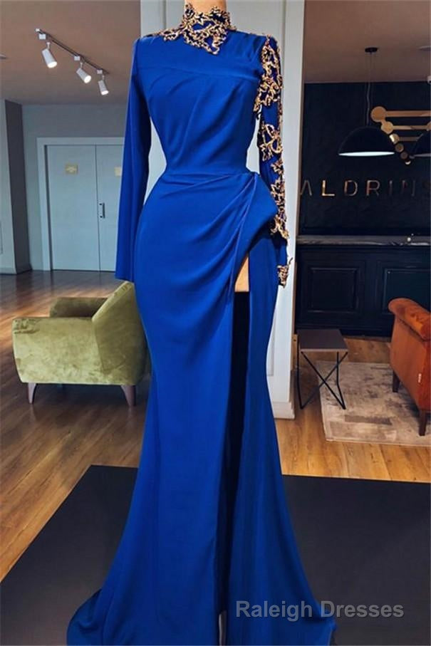 Royal Blue High Neck Side Slit Mermaid Prom Dresses Elegant Long Sleevess Appliques Prom Gown Main image