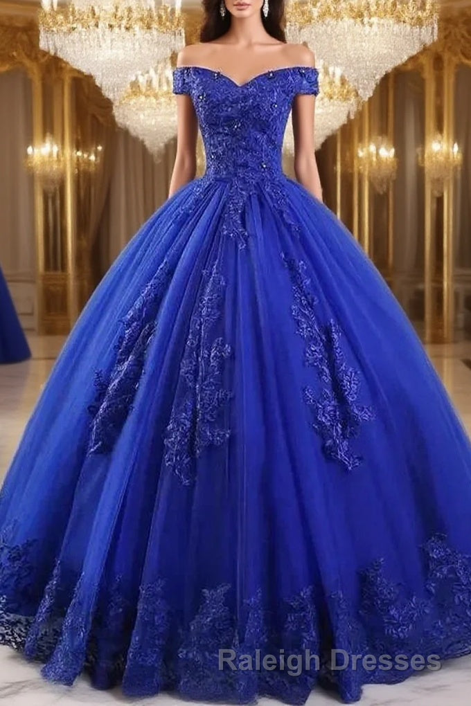 Royal Blue Lace Off the Shoulder Quinceanera Dresses with Flowers Main image