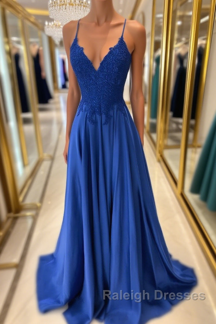 Royal blue lace satin long prom dress blue formal dress