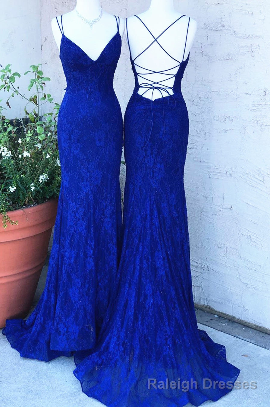 Royal Blue Lace Sheath Prom Dresses Long Open Back