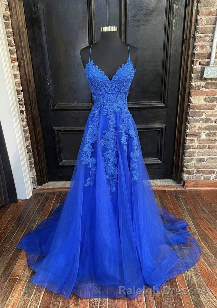 Royal Blue A-line Strap V Neck Open Back Tulle Formal Prom Dress Main image