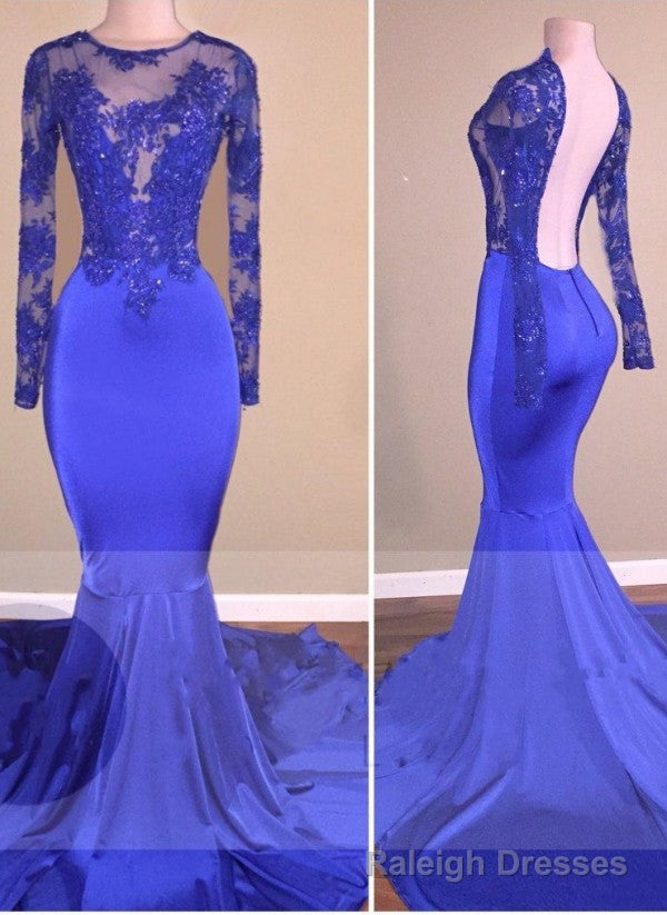 Royal-Blue Long-Sleeves Open-Back Mermaid Charming Sheer Prom Dresses Secondary image