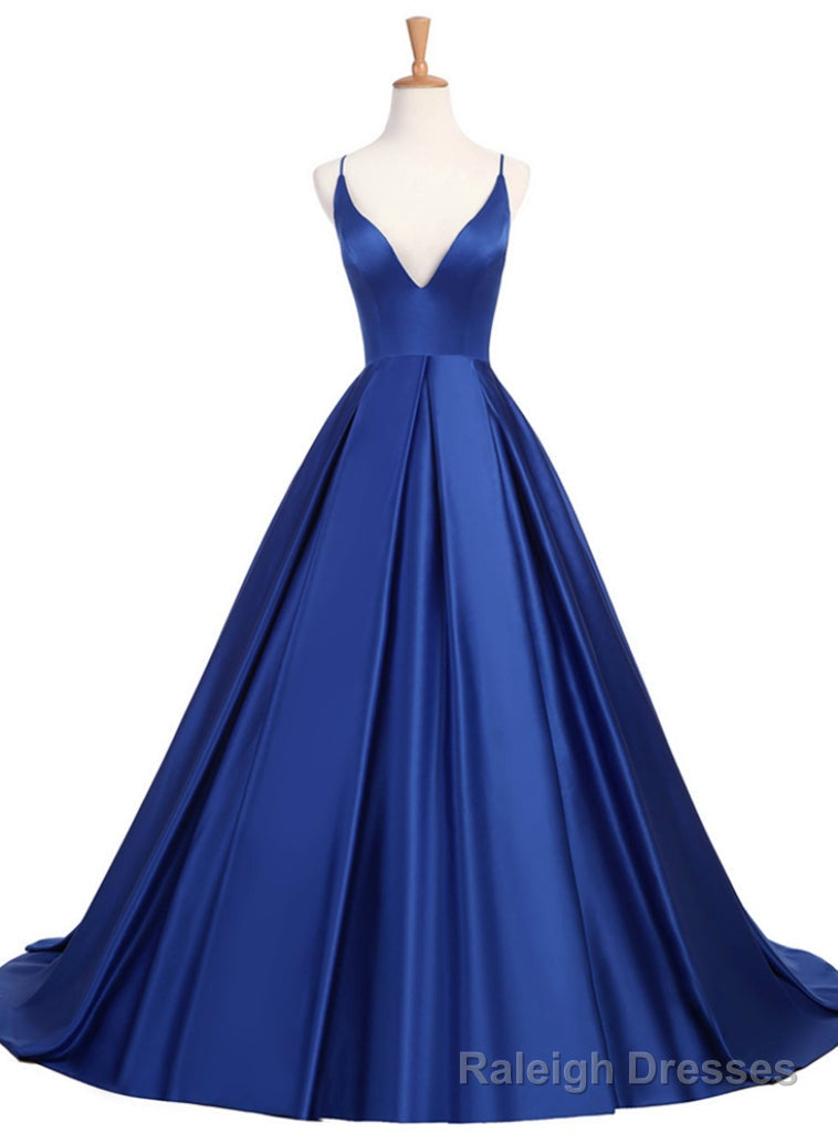 Royal Blue Long V-Neck Open Back Satin A Line Prom Party Dress Main image