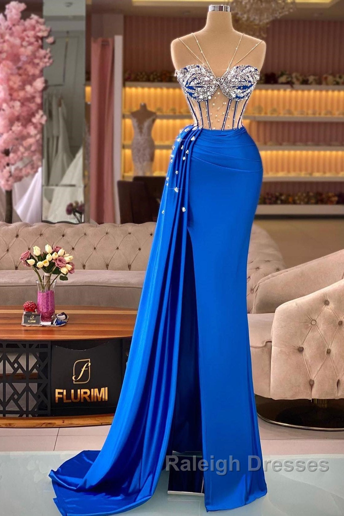 Royal Blue Mermaid Beading See Through Prom Dress