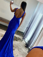 Royal Blue Mermaid Deep V-Neck Beaded Satin Long Prom Dress