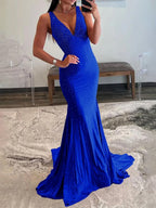 Royal Blue Mermaid Deep V-Neck Beaded Satin Long Prom Dress