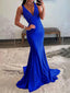 Royal Blue Mermaid Deep V-Neck Beaded Satin Long Prom Dress