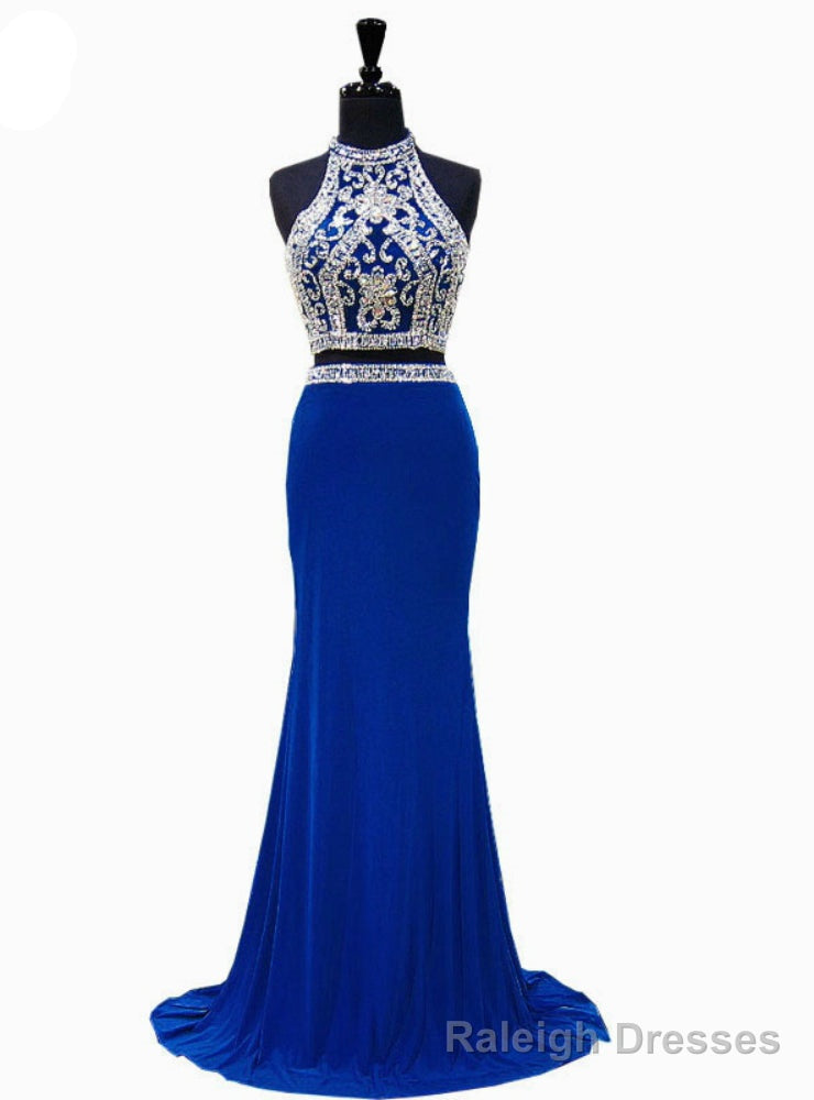 Royal Blue Mermaid High Neck Beaded Crystals Floor Length Prom Dress Main image