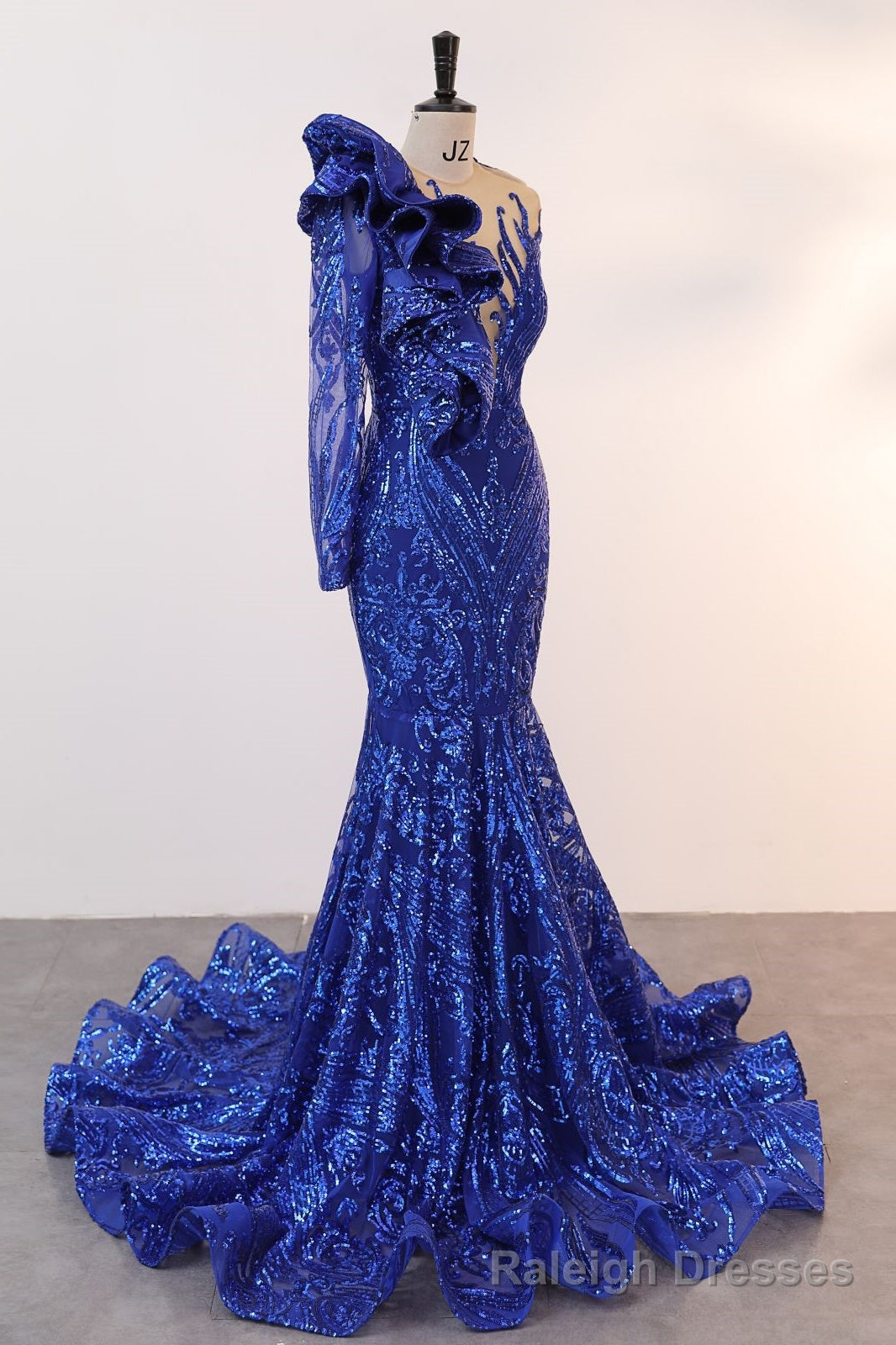 Royal Blue Mermaid One Sleeve Prom Dresses Sequined Lace Jewel Ruffles Evening Party Dress with Appliques Secondary image