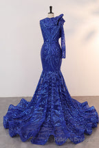 Royal Blue Mermaid One Sleeve Prom Dresses Sequined Lace Jewel Ruffles Prom Prom Dress with Appliques