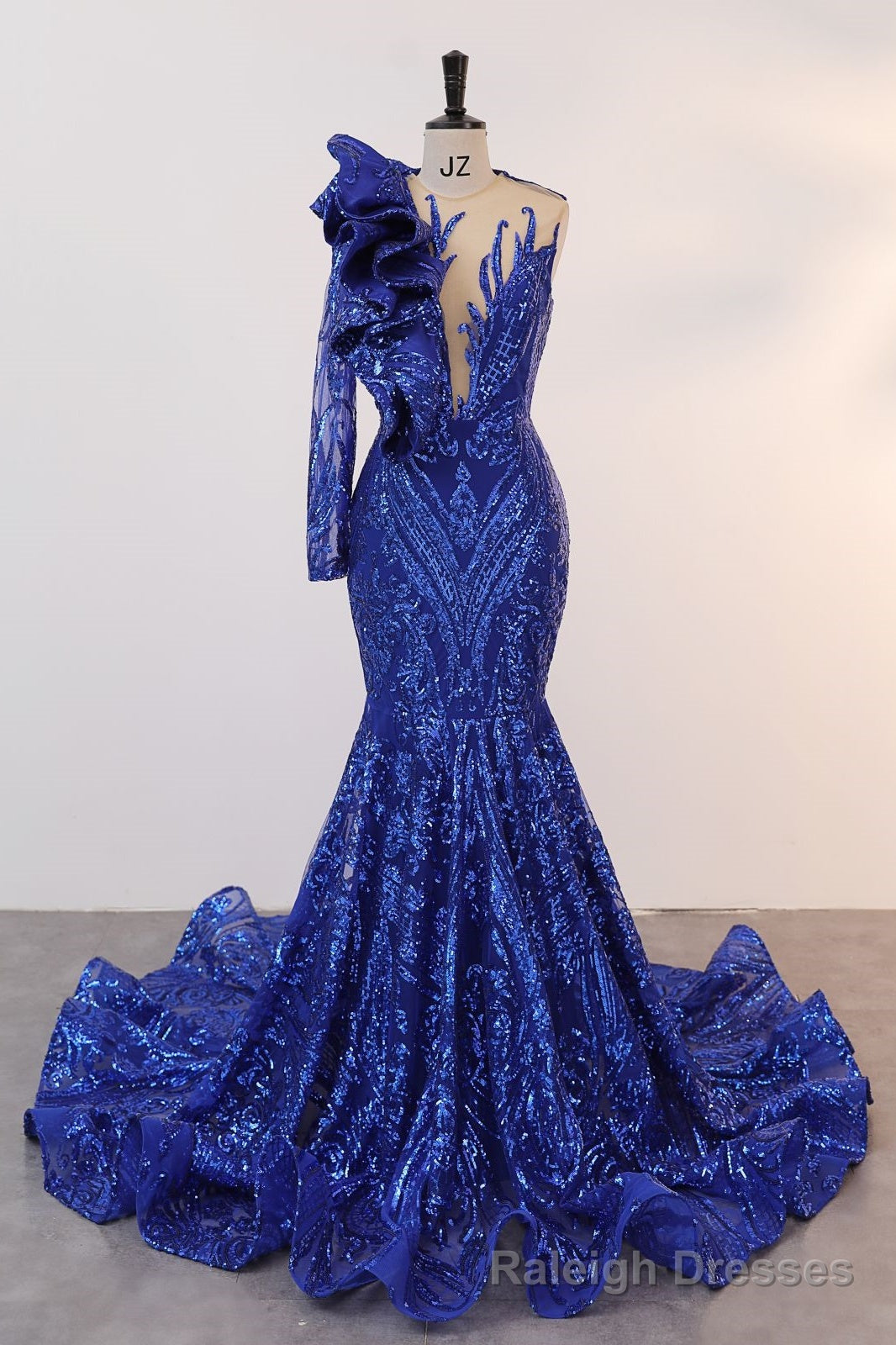 Royal Blue Mermaid One Sleeve Prom Dresses Sequined Lace Jewel Ruffles Evening Party Dress with Appliques Main image