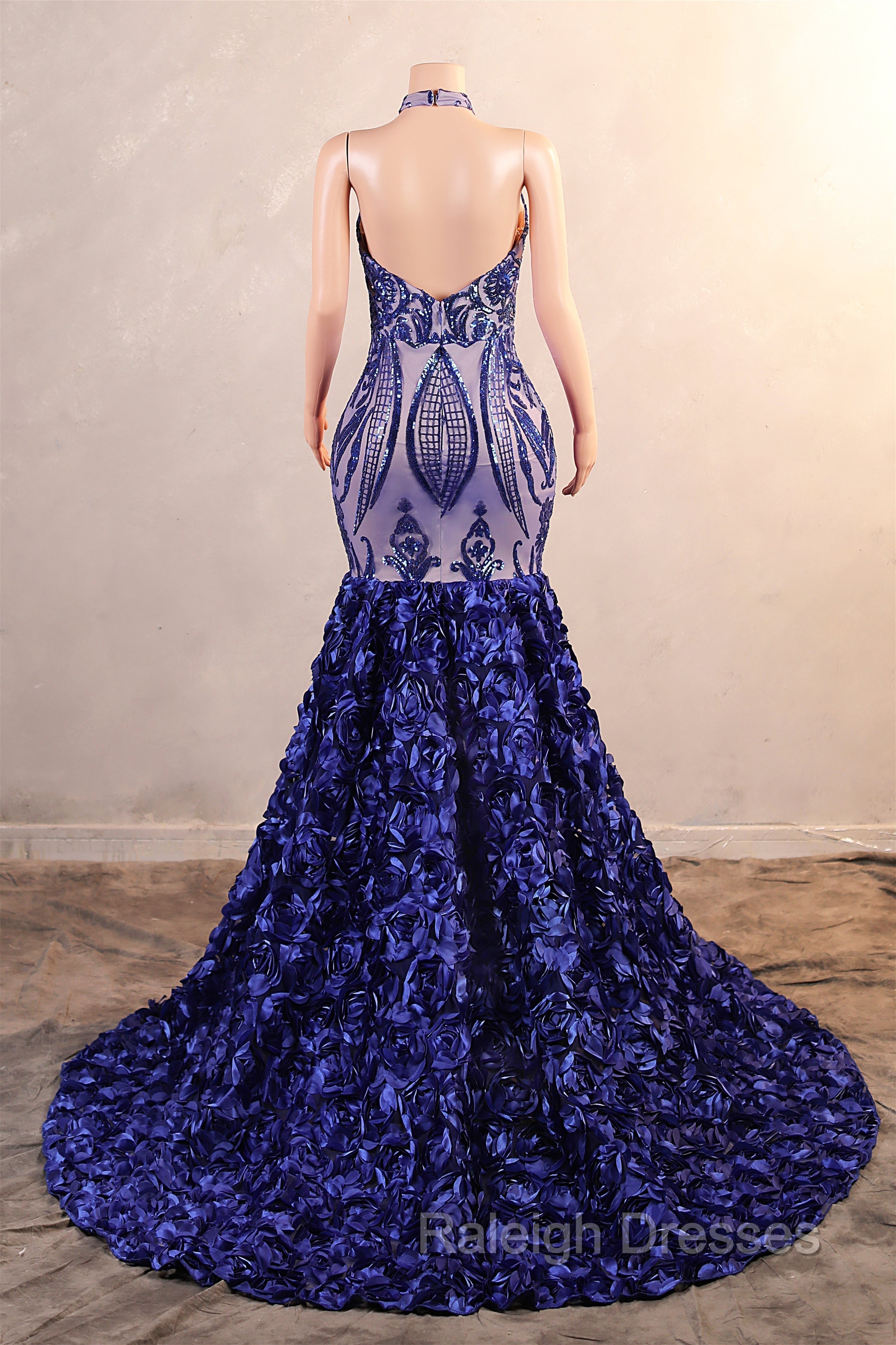 Royal Blue Mermaid Prom Dresses Sequined Lace Flowers Halter Neck Backless Long Gowns Secondary image