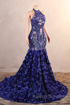 Royal Blue Mermaid Prom Dresses Sequined Lace Flowers Halter Neck Backless Long Gowns