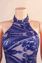 Royal Blue Mermaid Prom Dresses Sequined Lace Flowers Halter Neck Backless Long Gowns