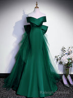 Royal Blue Mermaid Satin Long Prom Dress, Off Shoulder Blue Prom Dress