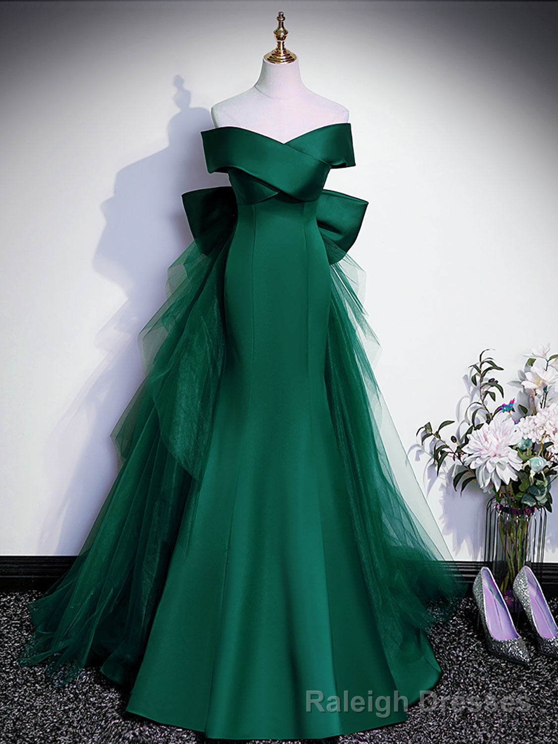Royal Blue Mermaid Satin Long Prom Dress, Off Shoulder Blue Prom Dress