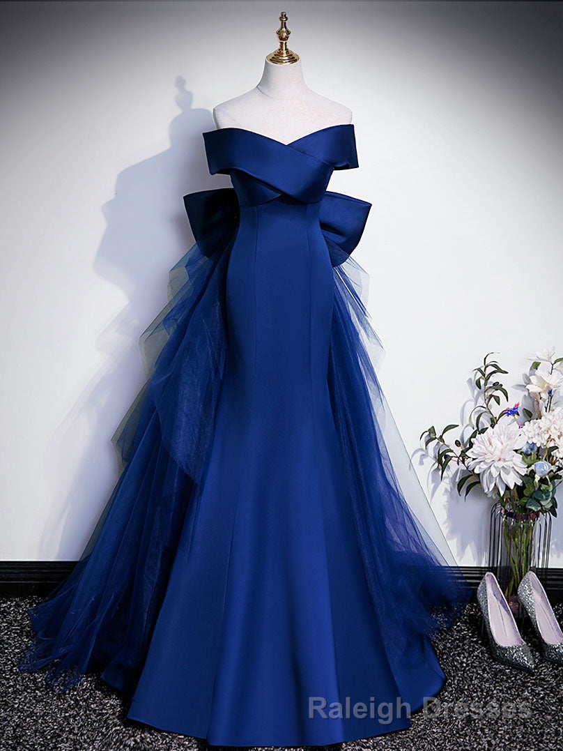Royal Blue Mermaid Satin Long Prom Dress, Off Shoulder Blue Evening Dress Main image