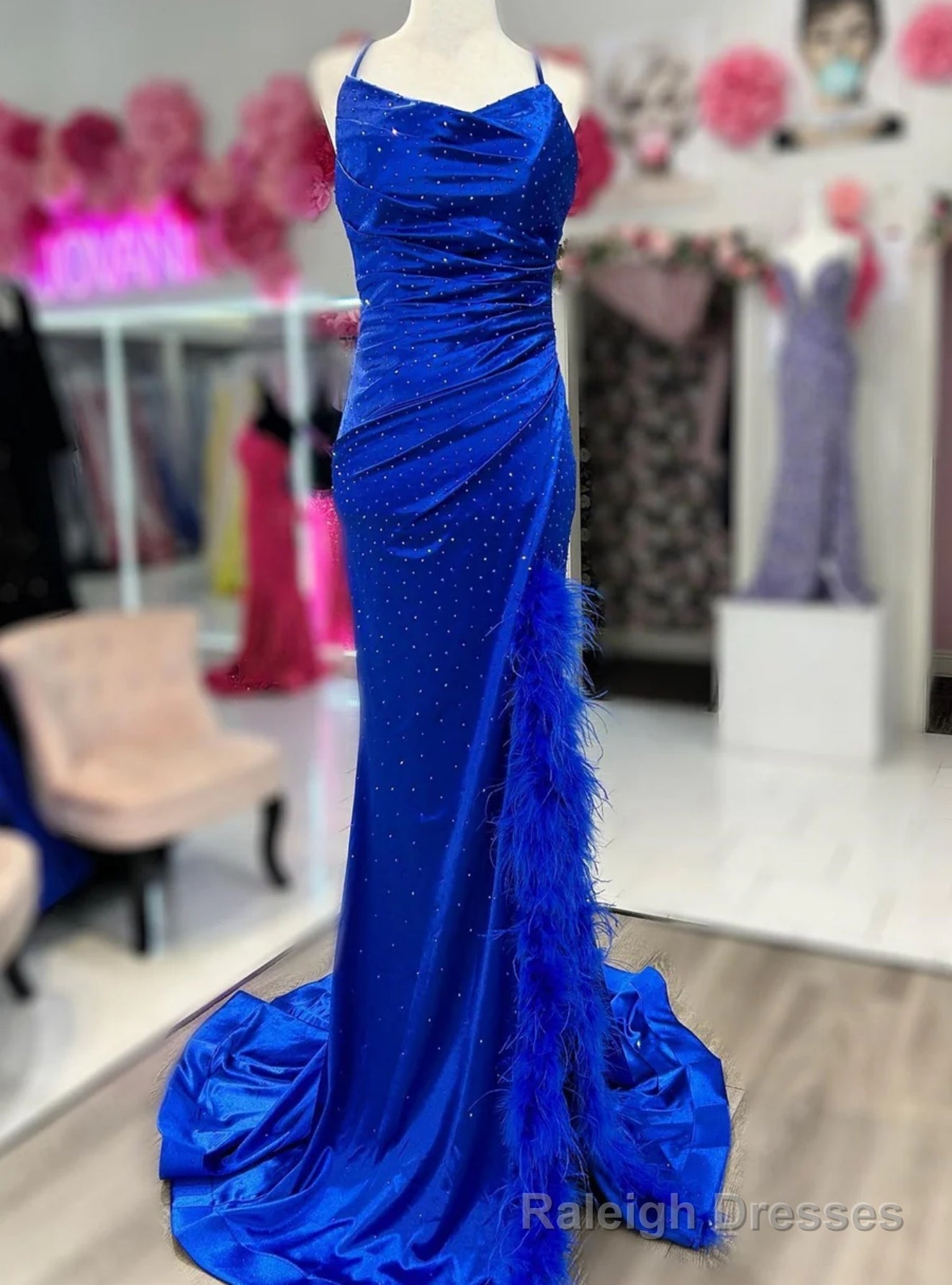 Royal Blue Mermaid Satin Spaghetti Straps Prom Dress