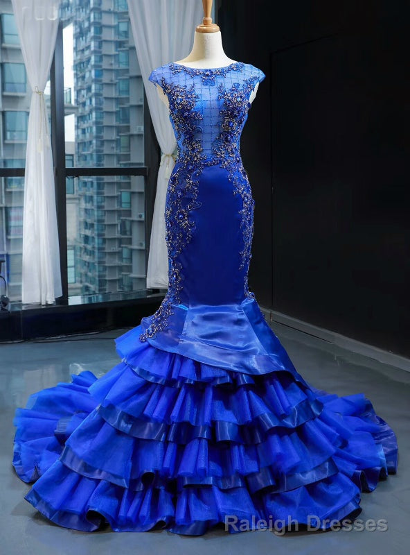 Royal Blue Mermaid Satin Tulle Backless Beading Prom Dress Main image