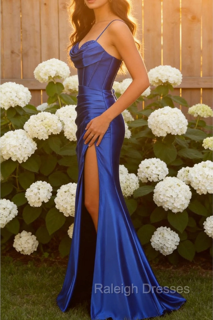 Royal Blue Mermaid Spaghetti Straps Long Prom Dress With Slit