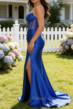 Royal Blue Mermaid Strapless Pleated Corset Long Prom Dress with Slit