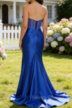 Royal Blue Mermaid Strapless Pleated Corset Long Prom Dress with Slit