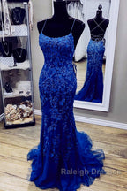 Royal Blue Mermaid Straps Tulle And Lace Party Dress, Royal Blue Prom Dress
