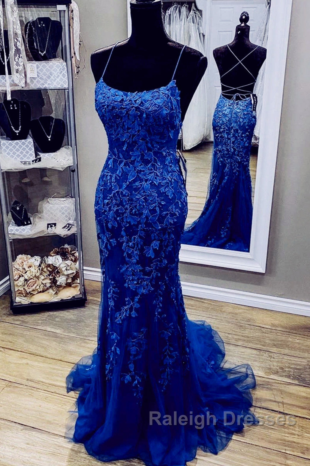 Royal Blue Mermaid Straps Tulle And Lace Prom Dresses Royal Blue Prom Dresses