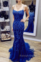Royal Blue Mermaid Straps Tulle And Lace Party Dress, Royal Blue Prom Dress