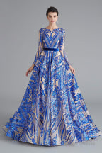 A-Line Luxury Sequins Long Sleeve Backless Prom Dresses