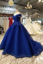 Royal Blue Off-The-Shoulder Evening Dresses, Appliques Formal Prom Dress
