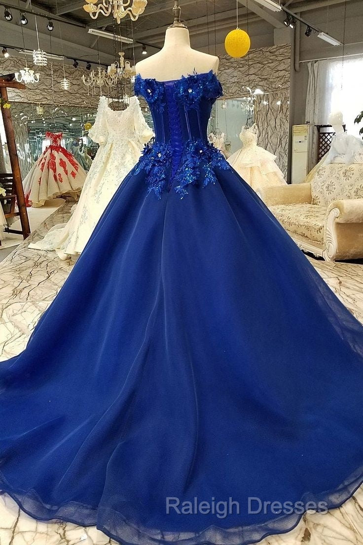 Royal Blue Off-The-Shoulder Evening Dresses, Appliques Formal Prom Dress