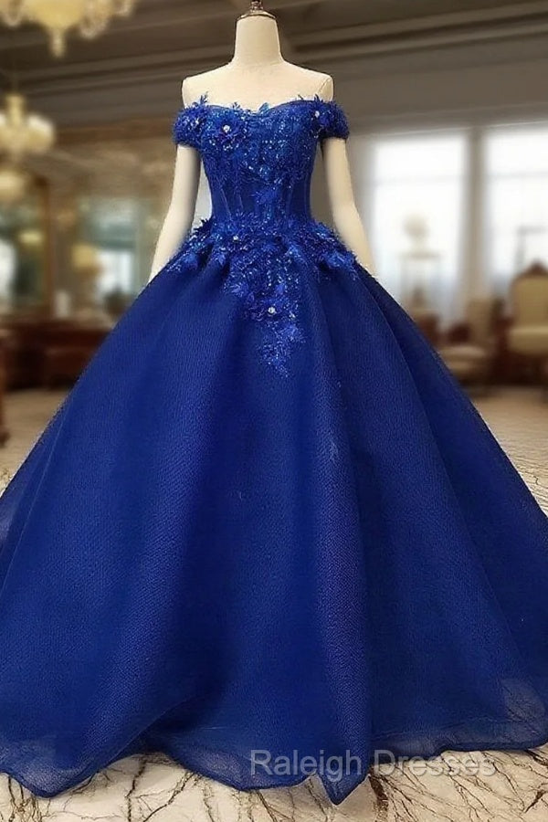 Royal Blue Off-The-Shoulder Evening Dresses, Appliques Formal Prom Dress